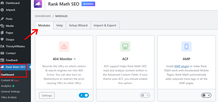 Rank Math SEO ダッシュボード モジュールに移動