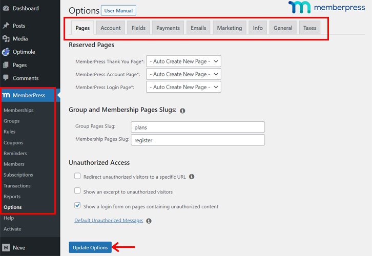 Impostazioni delle opzioni MemberPress per il sito Web di abbonamento