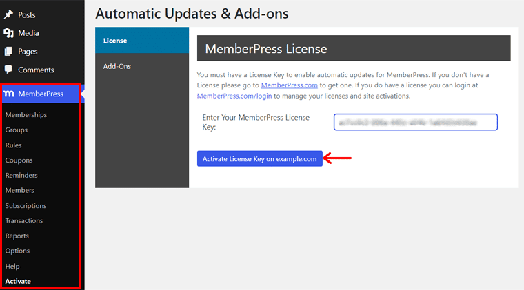 Ative a chave de licença MemberPress - Comparação LearnDash