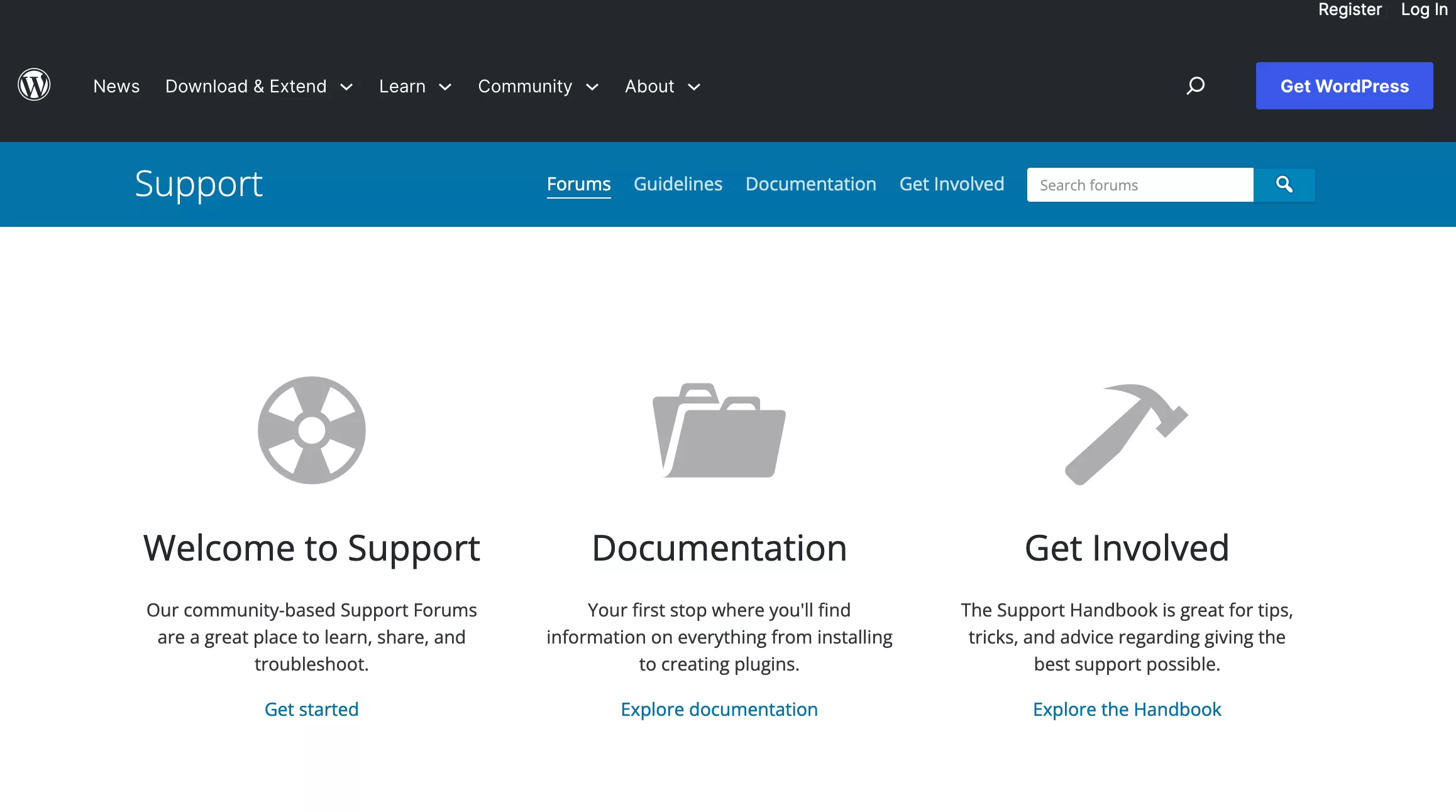 La page officielle de documentation et d’assistance de WordPress.