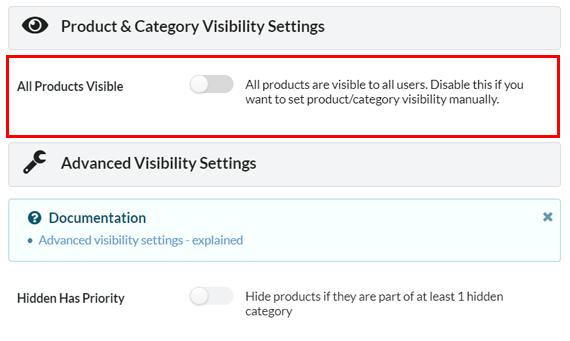 Configurações de visibilidade do produto para configuração manual