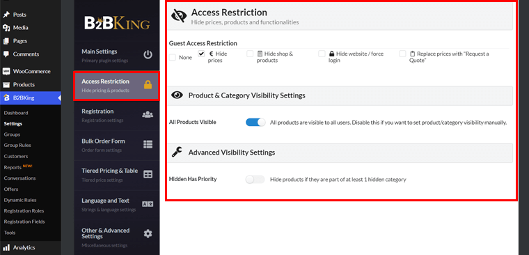 Configurações de visibilidade de produto e categoria