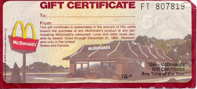 McDonald's gift certificate in the 1980s