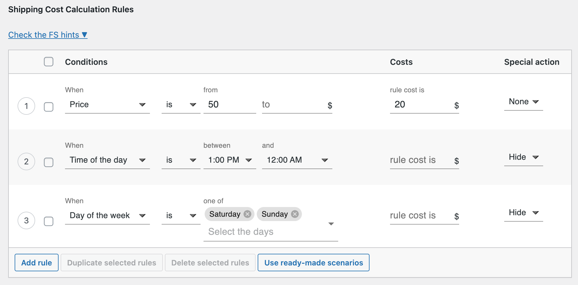 configuração de entrega no mesmo dia