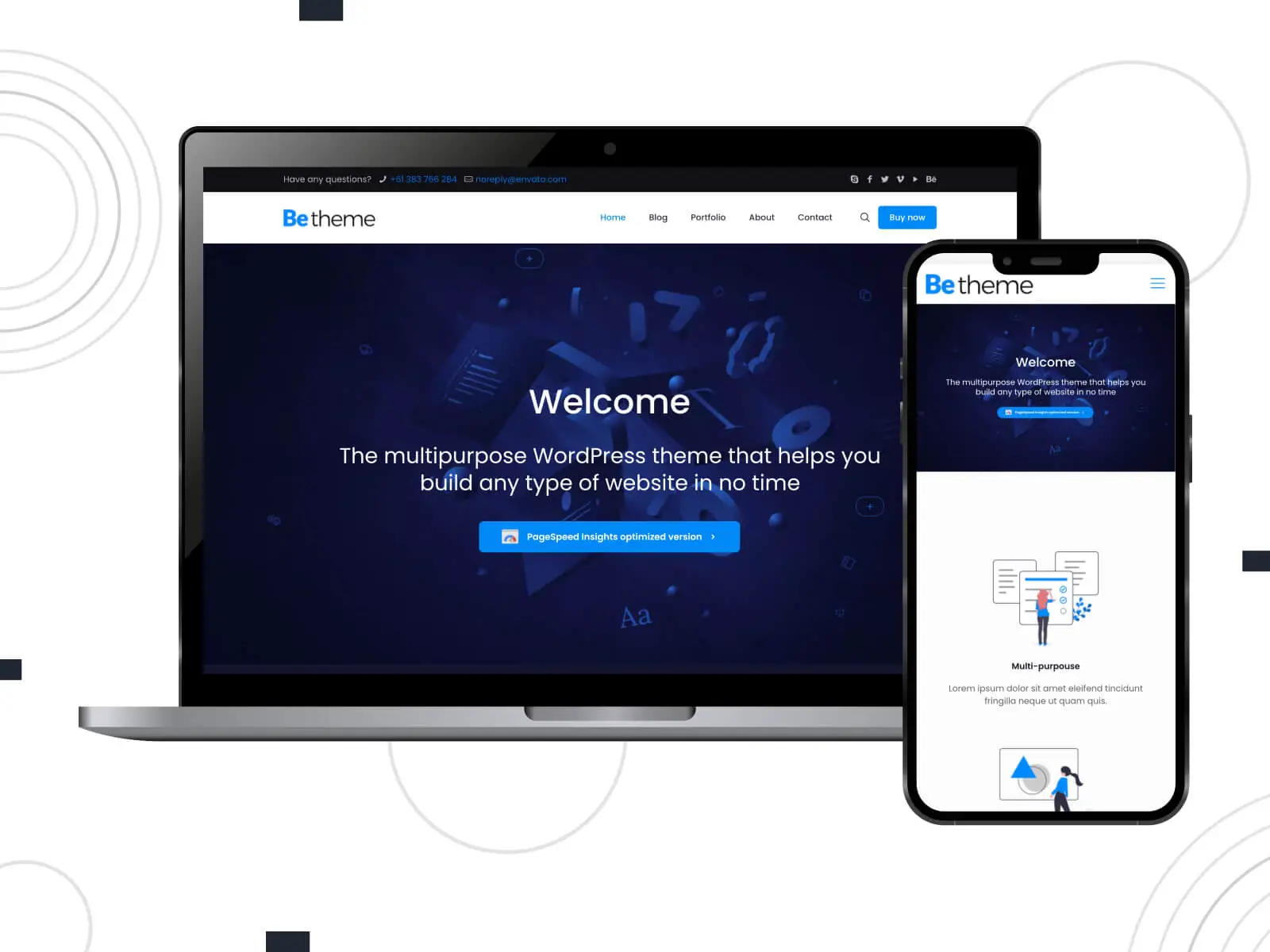 Illustration of Betheme - shadowed, crisp, web-speed WordPress template for optimized blogs in dodger blue, dark slate blue, and black color gradation.