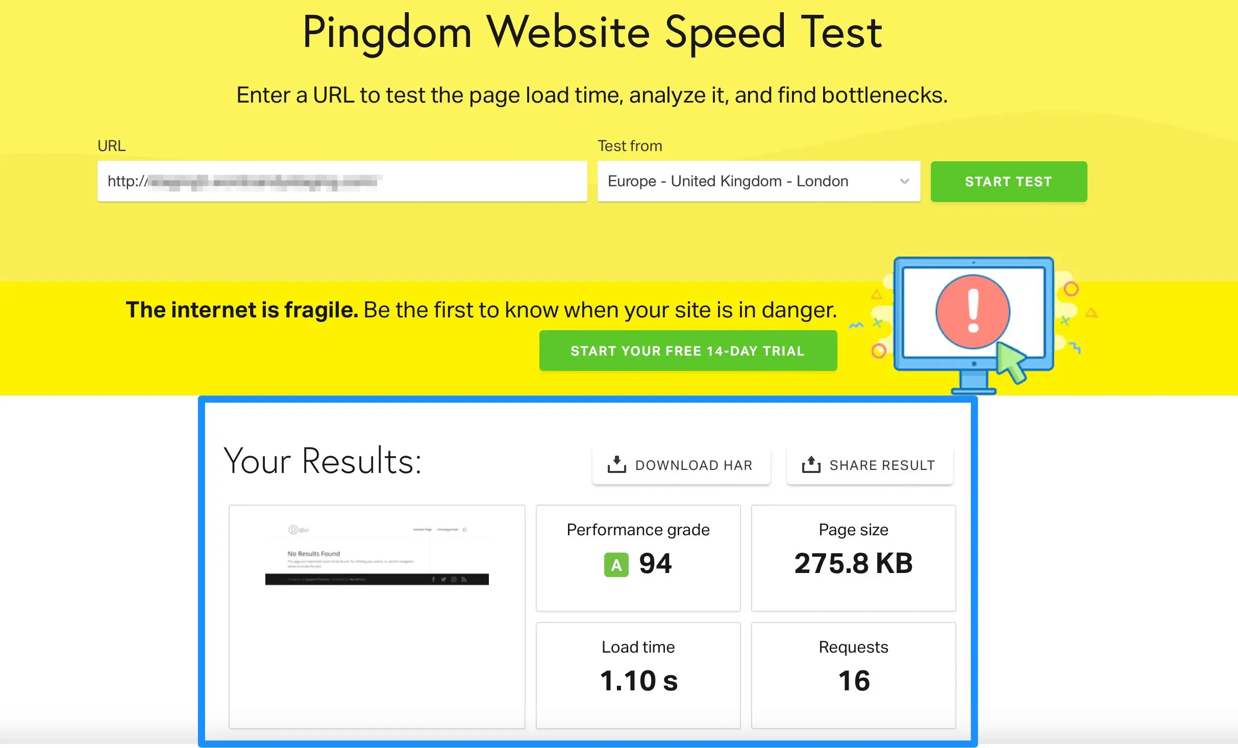 Rezultatele testului de viteză a site-ului Pingdom pe care le-am efectuat ca parte a revizuirii temei Divi.