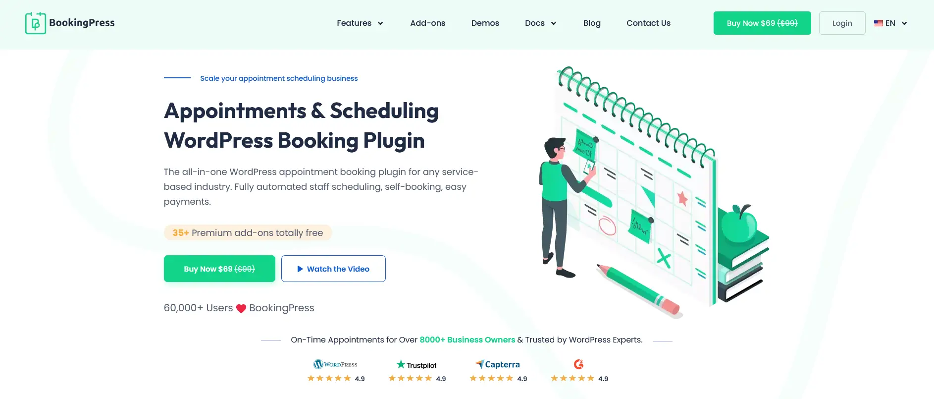 Penggambaran BookingPress - plugin WordPress untuk aktivitas pemesanan dengan wizard interaktif untuk membantu Anda menyesuaikan pengalaman pemesanan aktivitas.