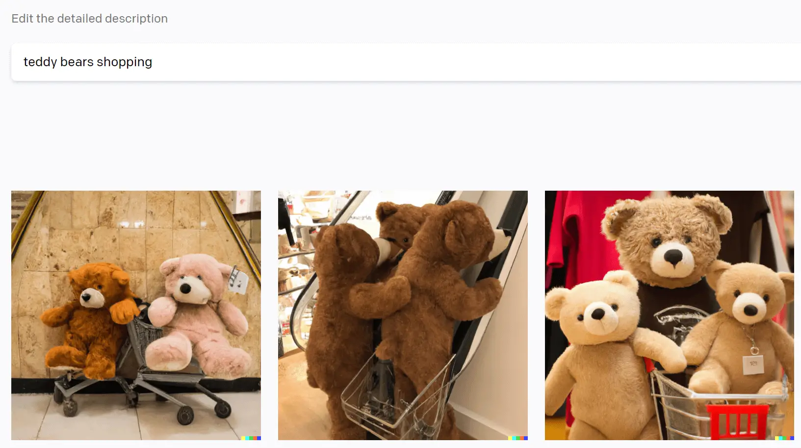 Trois images générées par l'IA produites par l'invite « Teddy Bears Shopping ».