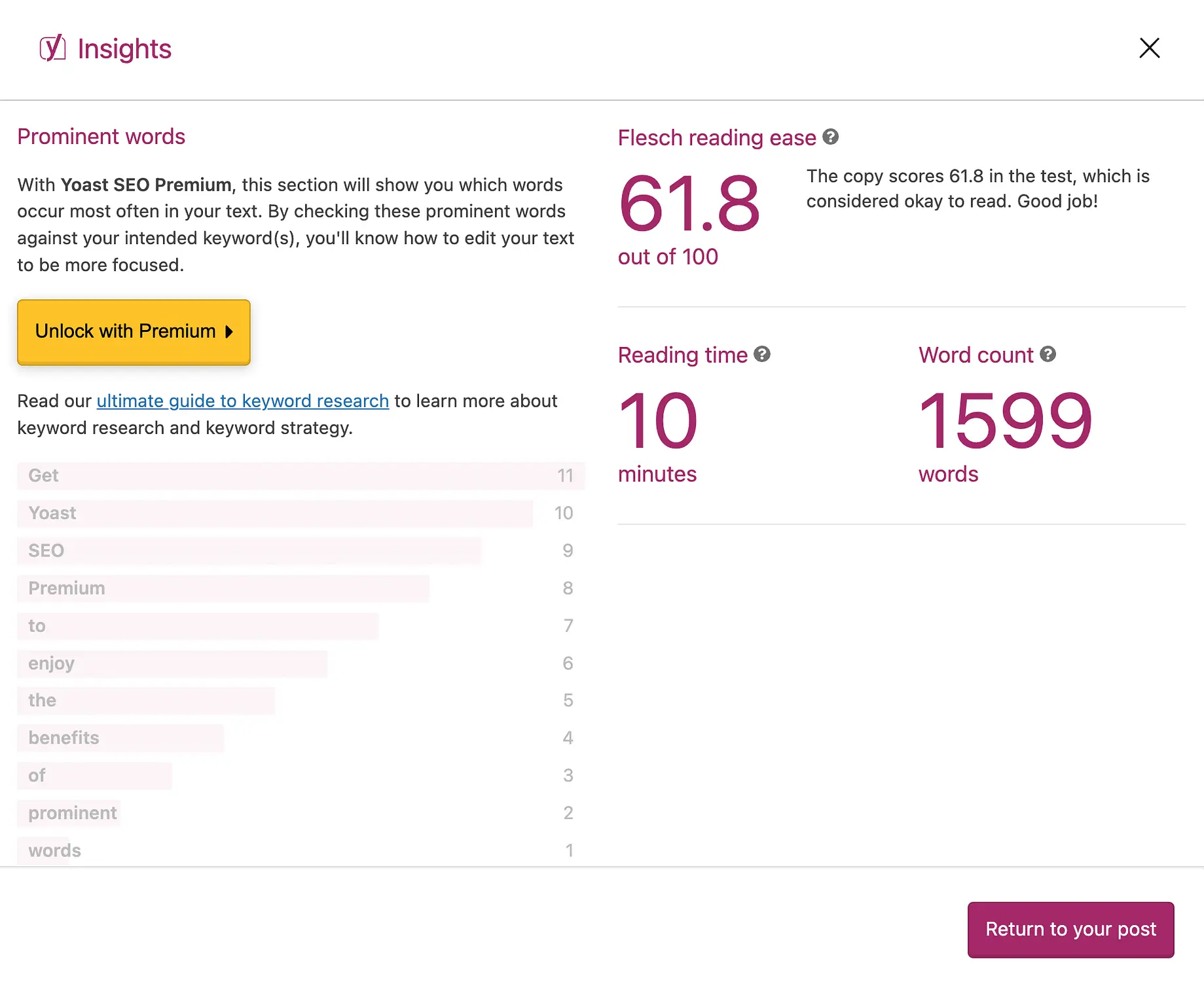 Yoast SEO の Flesch の読みやすさスコア。