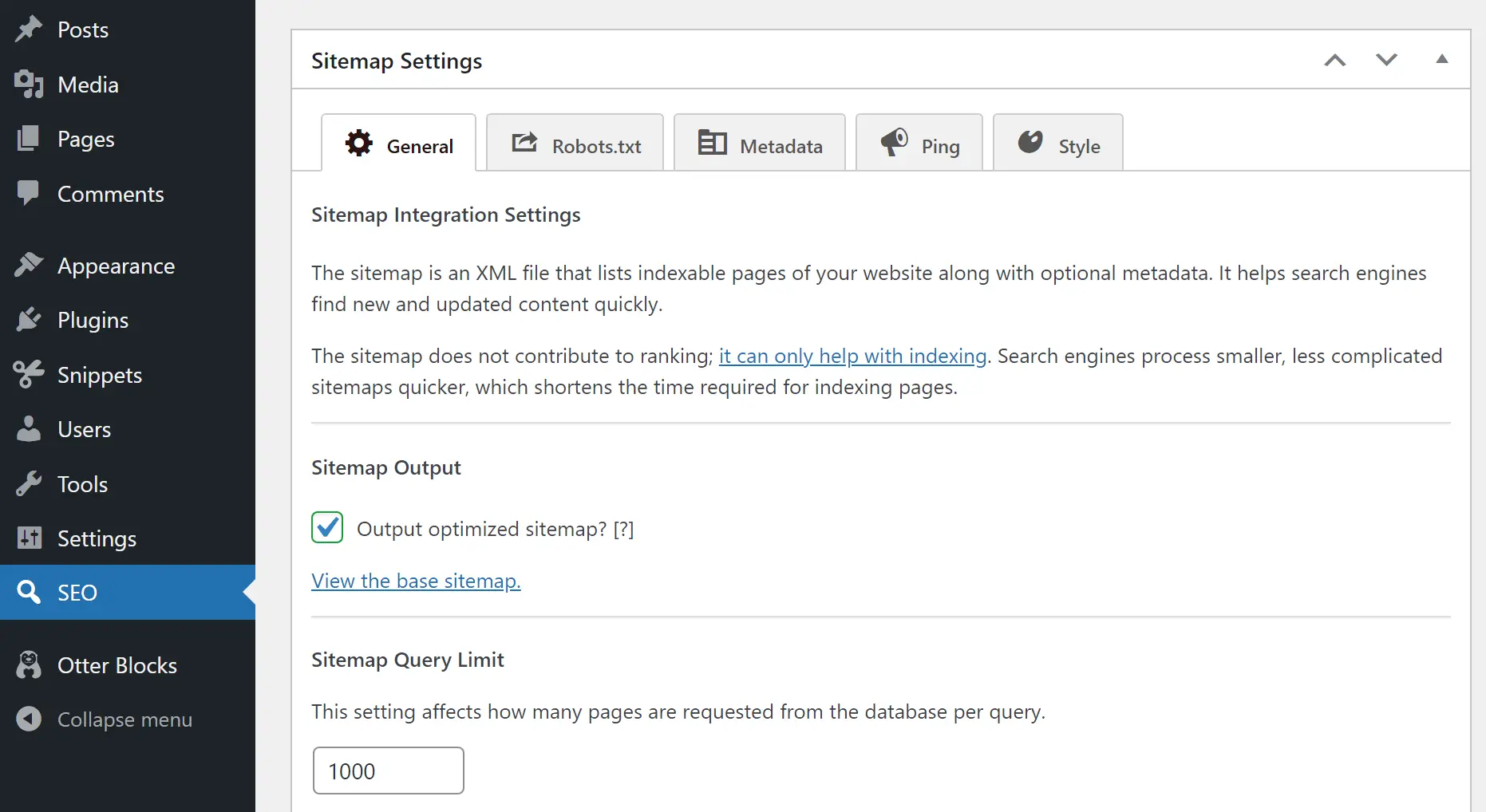 As configurações do mapa do site do SEO Framework.