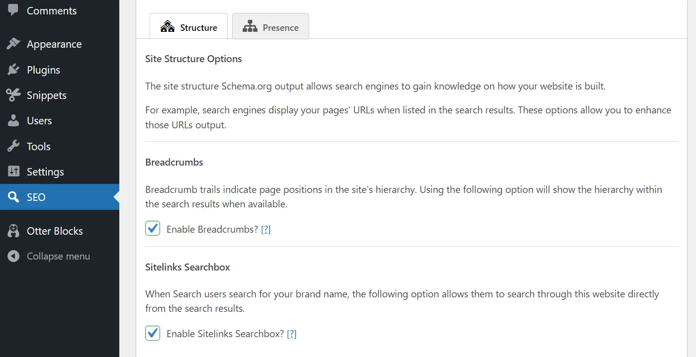 Aktivieren von Breadcrumbs im SEO Framework.