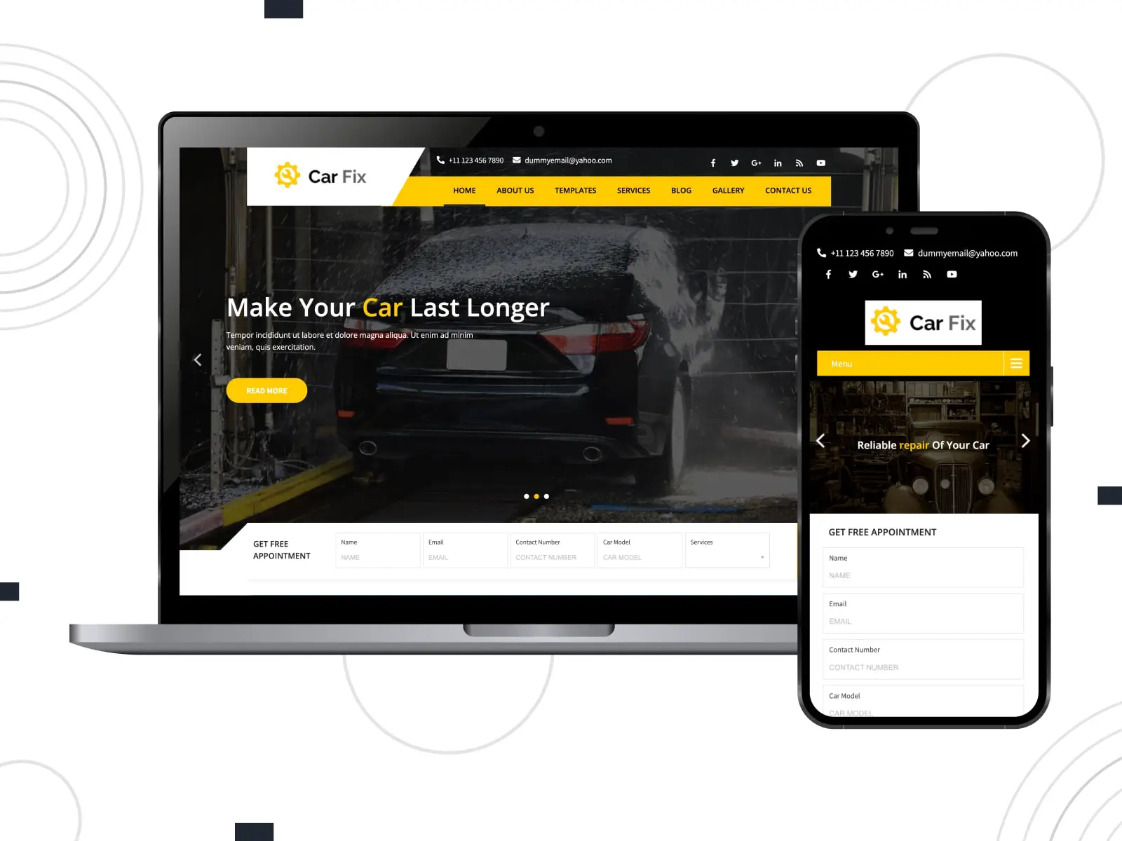 Collage del tema de WordPress de reparación de automóviles Car Fix Lite para sitios web gratuitos en colores negro, amarillo y blanco.