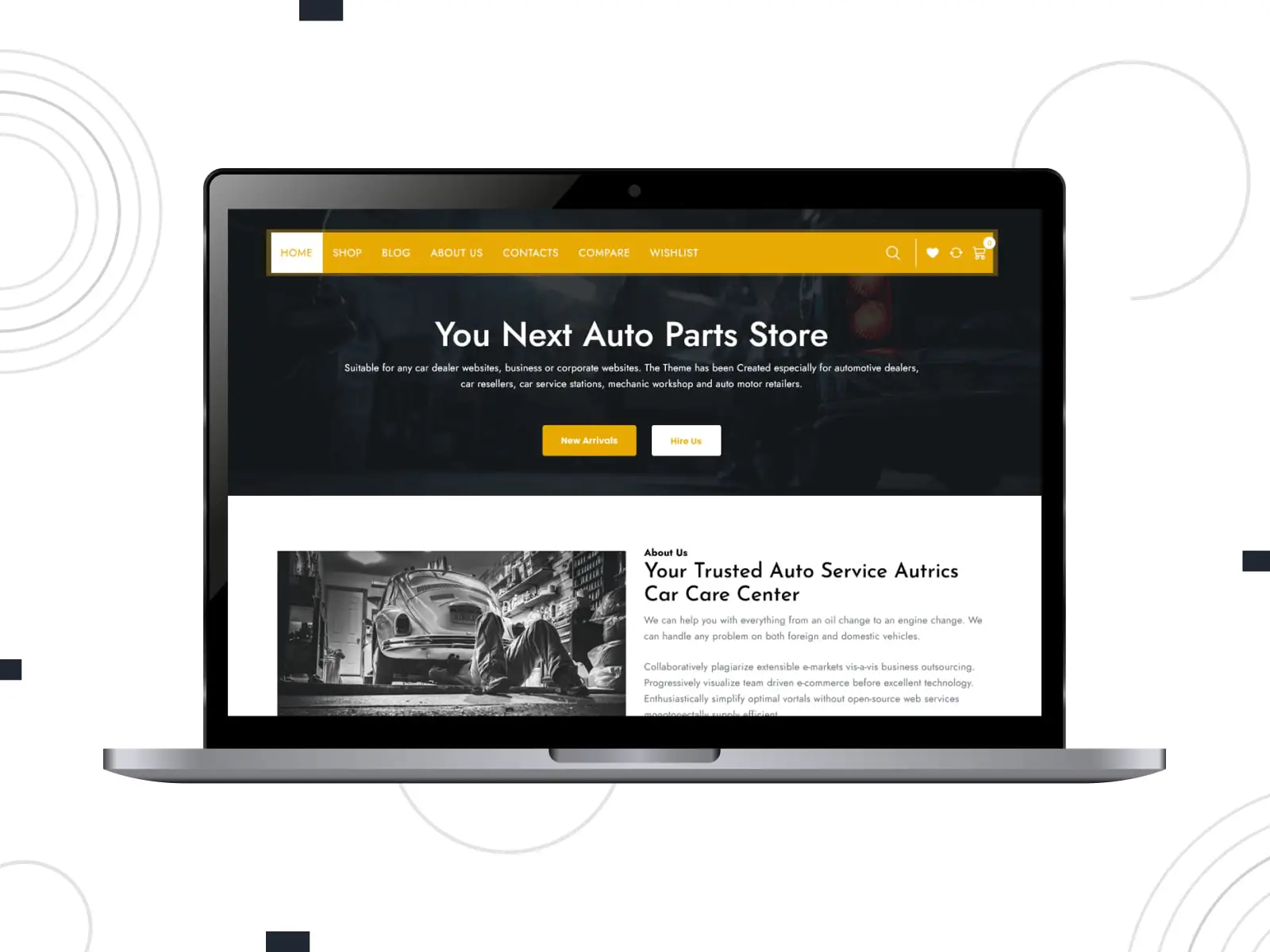 Collage de la demostración gratuita del tema de WordPress de Auto Parts Store en colores amarillo, blanco y negro en pantallas de escritorio y móviles.