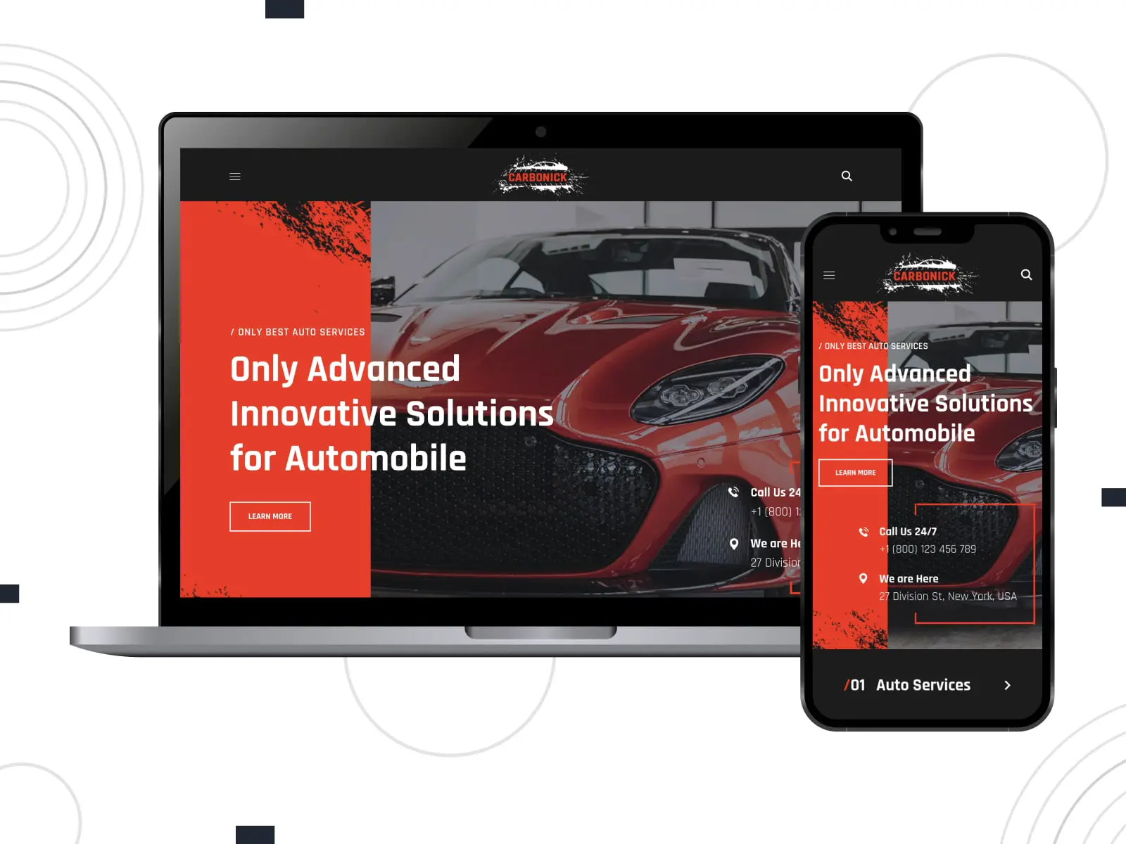 モバイル画面とデスクトップ画面に黒と赤の WordPress 自動車修理 Web サイト用の Carbonick テーマのコラージュ。