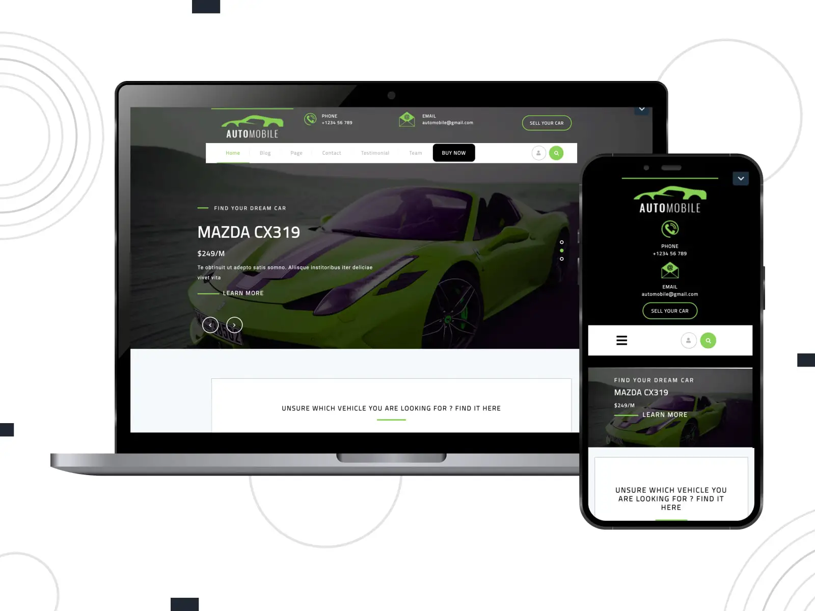 WordPress 자동 복구 사이트를 위한 Automotive Center 무료 테마의 콜라주는 모바일 및 데스크톱 화면에서 검정색, 녹색, 흰색으로 표시됩니다.