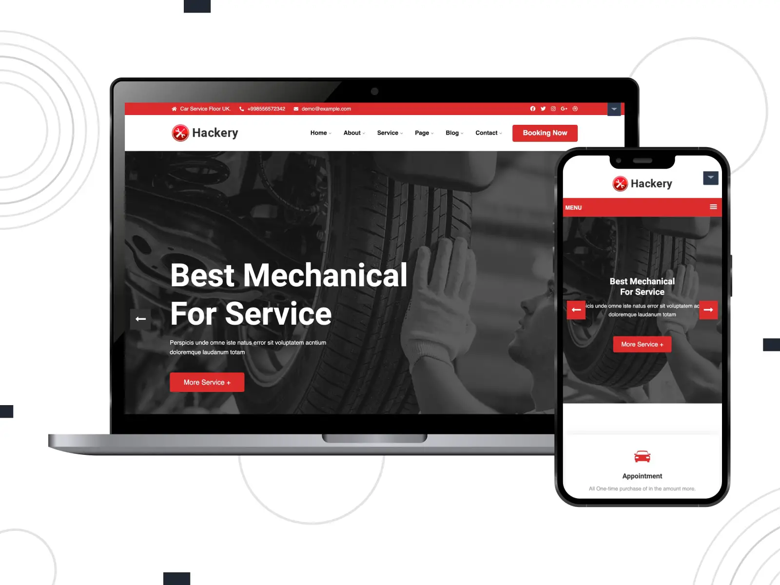Hackery 汽車維修 WordPress 模板在桌面和行動螢幕變體上的黑色、紅色和白色拼貼。