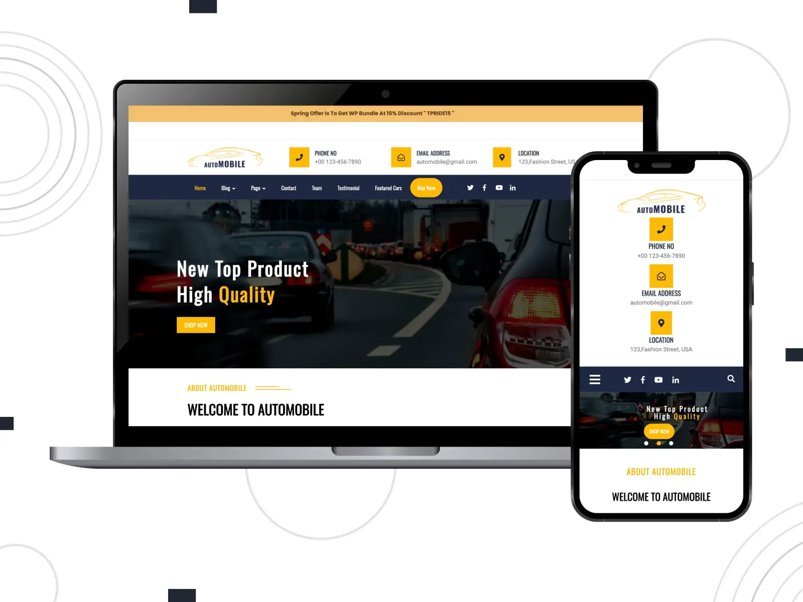 Kolase tema WordPress gratis Mekanik Mobil di layar seluler dan desktop dalam warna hitam, kuning, dan putih.