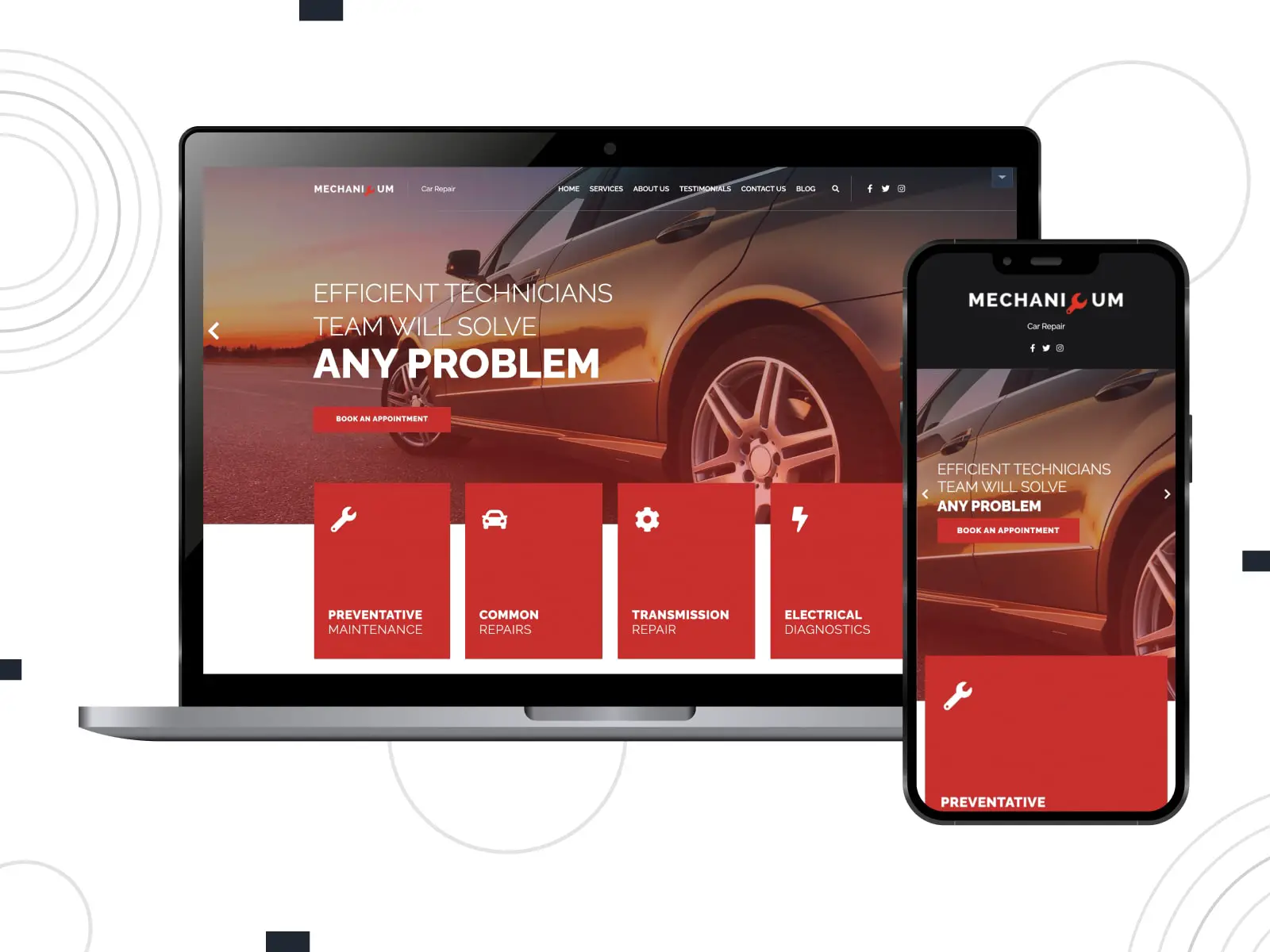 Collage del tema Mechanicum para sitios web de WordPress de reparación de automóviles en colores rojo, blanco y negro.