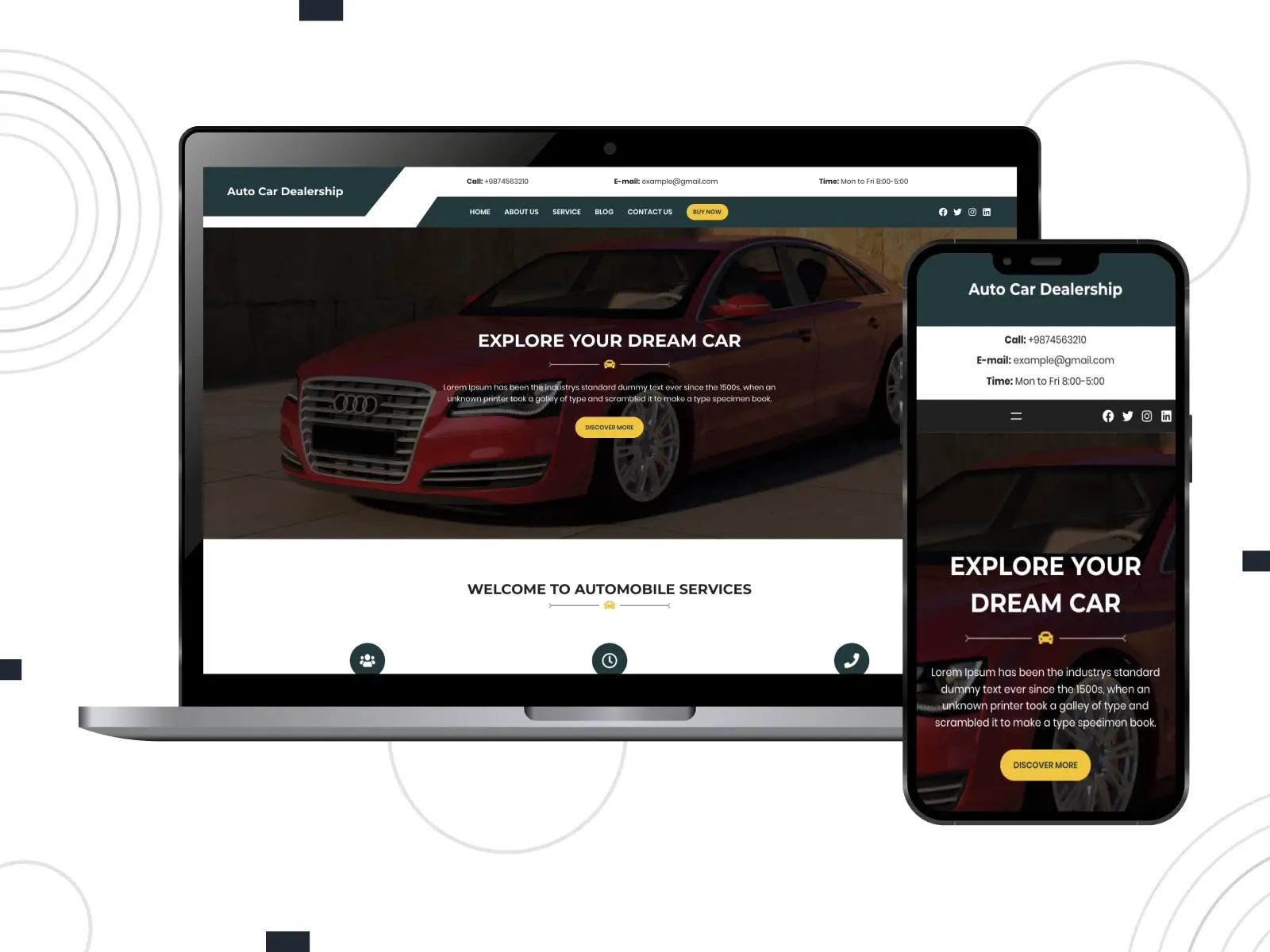 Collage del tema gratuito Auto Car Dealership para sitios de talleres de reparación de WordPress en pantallas móviles y de escritorio.