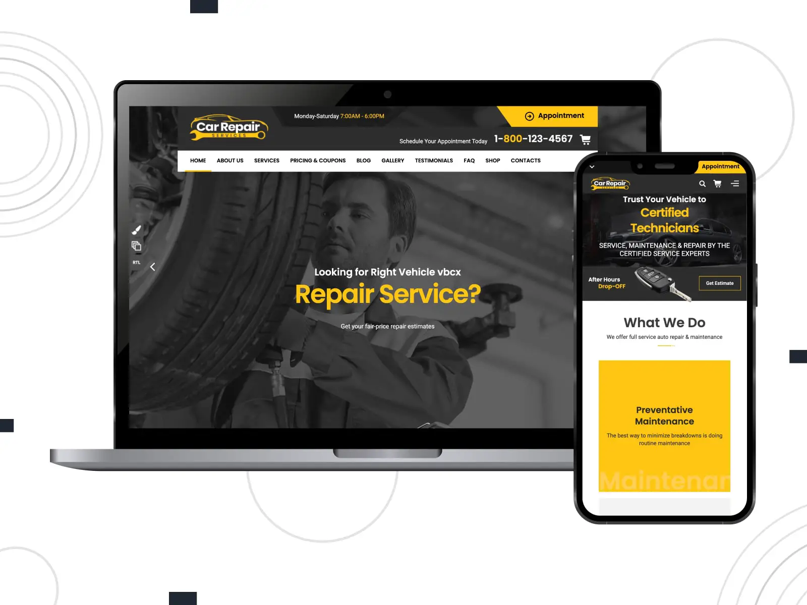 검은색, 노란색, 흰색 색상의 Auto Car Repair WordPress 테마 데모 페이지의 콜라주입니다.