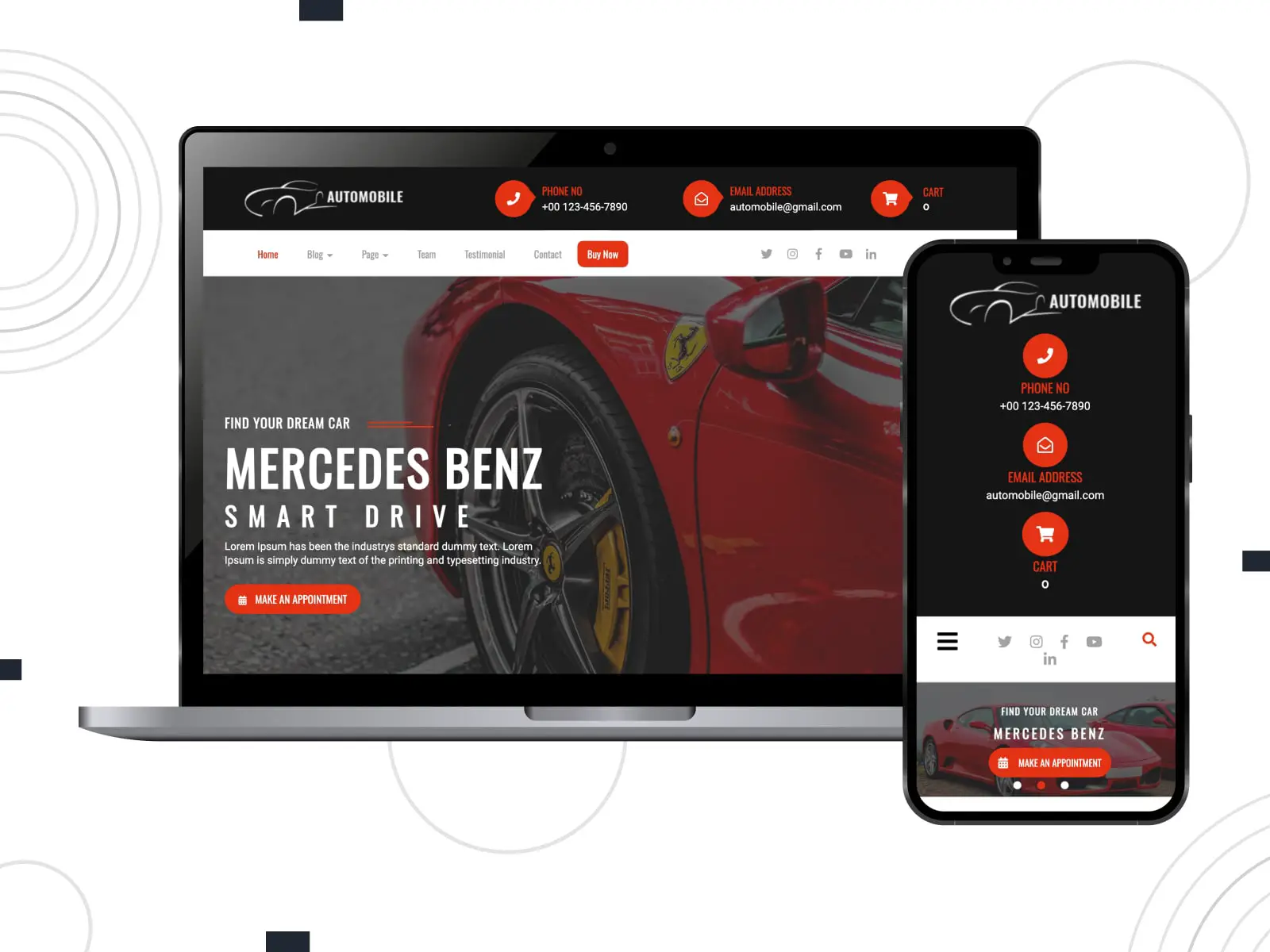 赤、黒、白の Automobile Hub の無料 WordPress テーマ デモ ページのコラージュ。