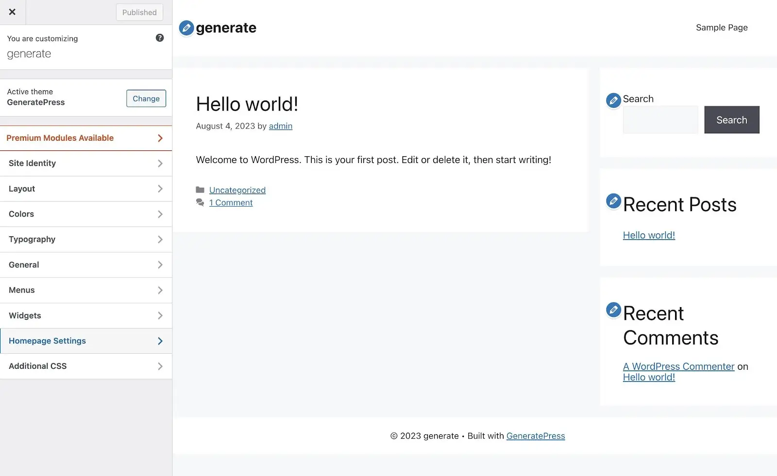 GeneratePress 的客製化器。