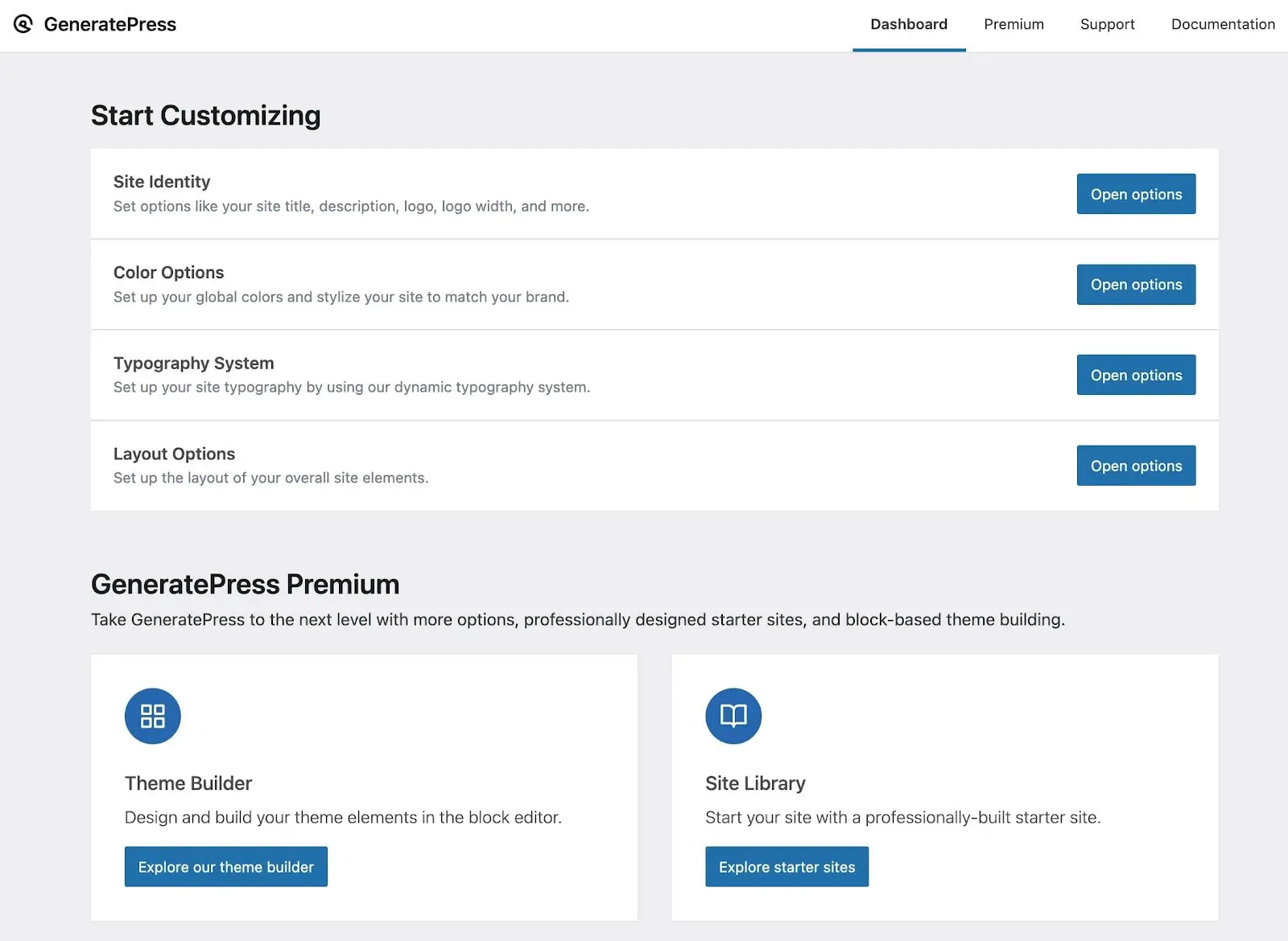 พื้นที่ปรับแต่งของ GeneratePress