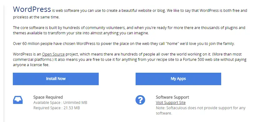 Softaculous 下的 WordPress 安装选项。