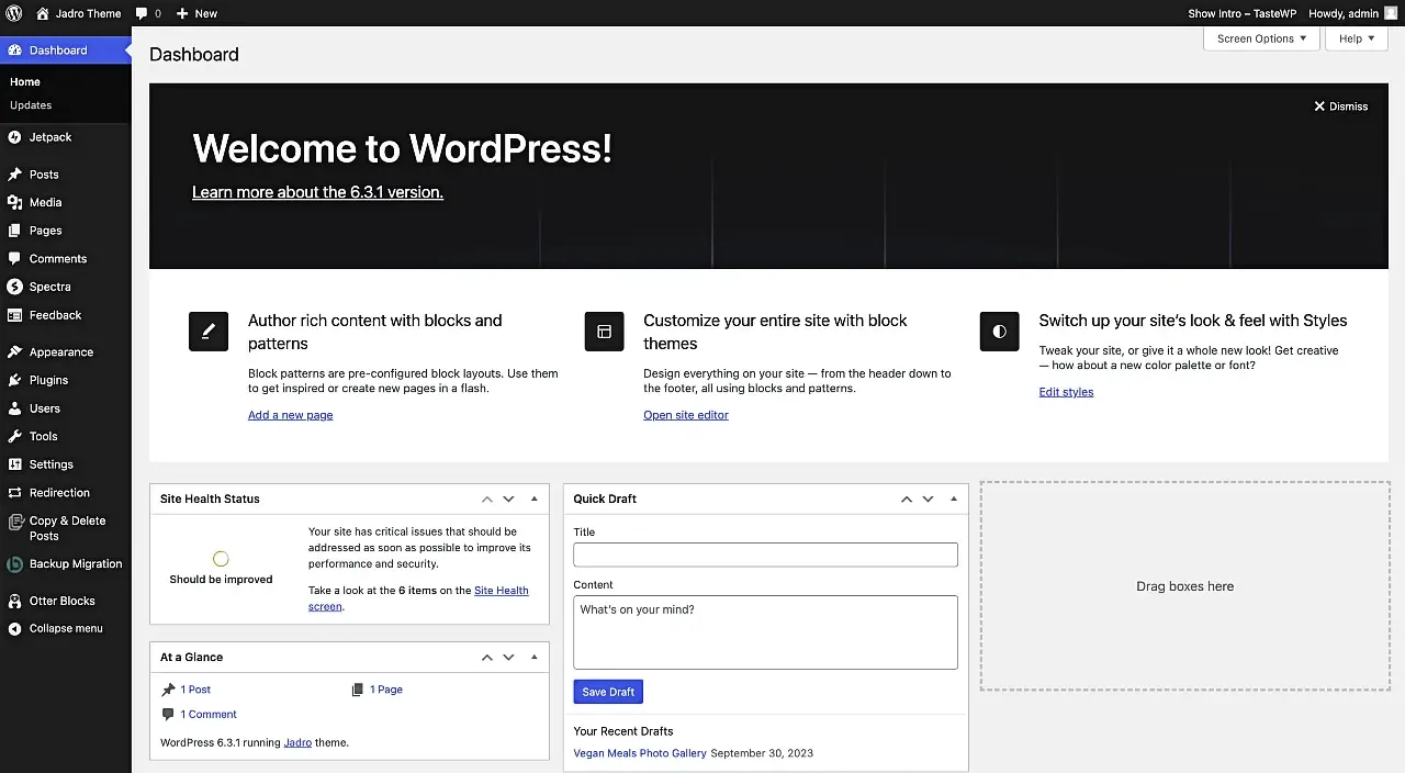 WordPress 儀表板。