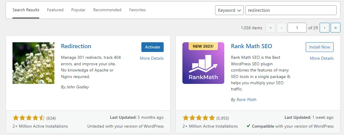 Installazione del plugin di reindirizzamento in WordPress.