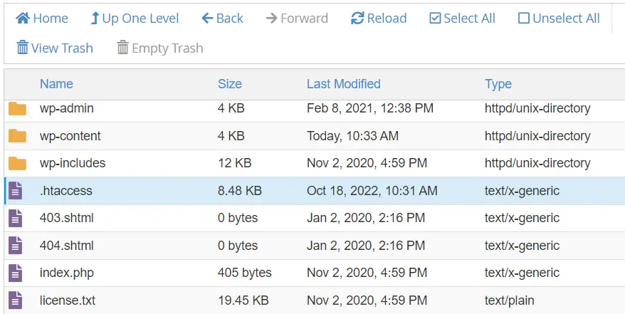 ไฟล์ .htaccess ดังที่เห็นในตัวจัดการไฟล์ FTP