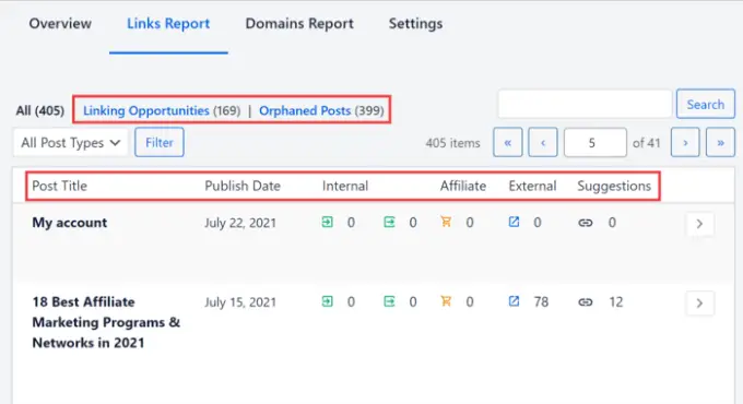 Links reports in All in One SEO