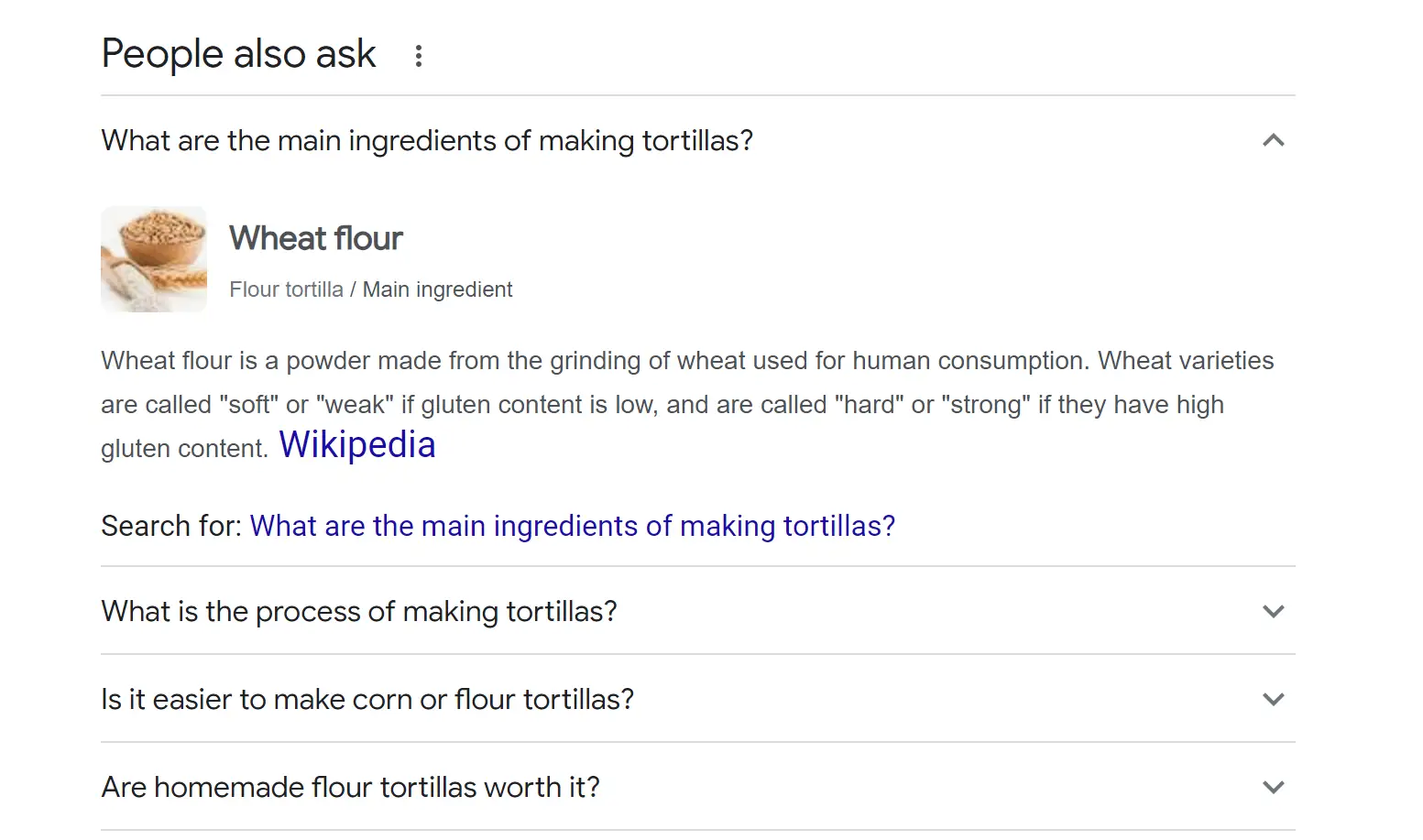 Qu'est-ce qu'un SERP et que sont les sections Les gens demandent également, répondu à travers un exemple de SERP pour les « tortillas ».