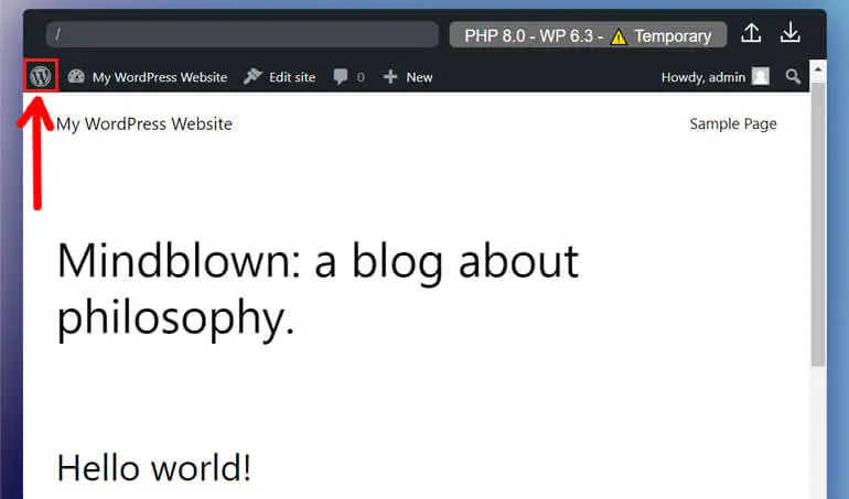 Pictograma WordPress pentru a accesa Tabloul de bord de administrare din WordPress Playground