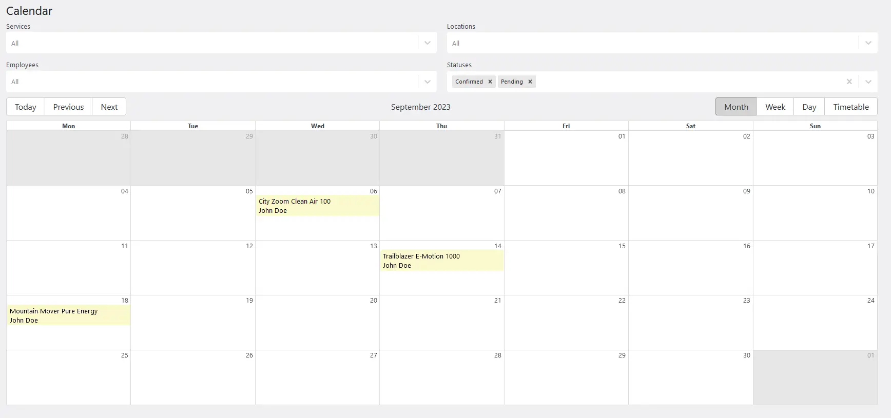 Rappresentazione del calendario con diverse date, servizi e dipendenti accessibili tramite la dashboard di WordPress.