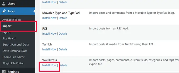 Install WordPress importer on the new single site