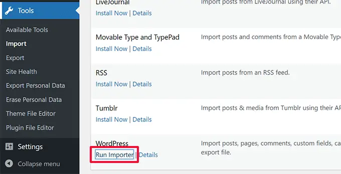 Run WordPress importer