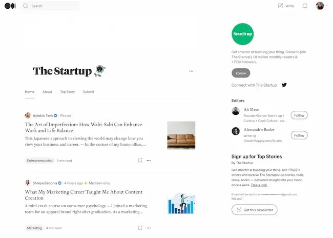comment fonctionne le médium, exemple de publications, The Startup