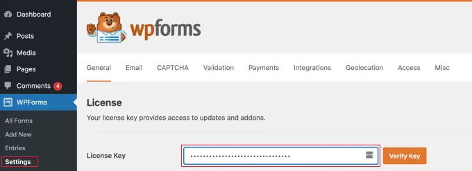 Entering the WPForms license key