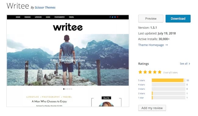 Ücretsiz WordPress teması: Writee