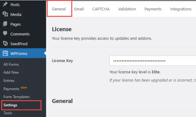 General settings in WPForms