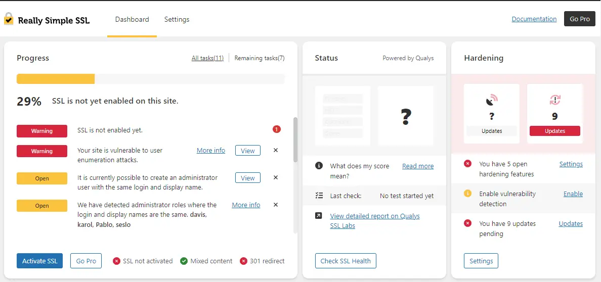 Activation de SSL avec Really Simple SSL.