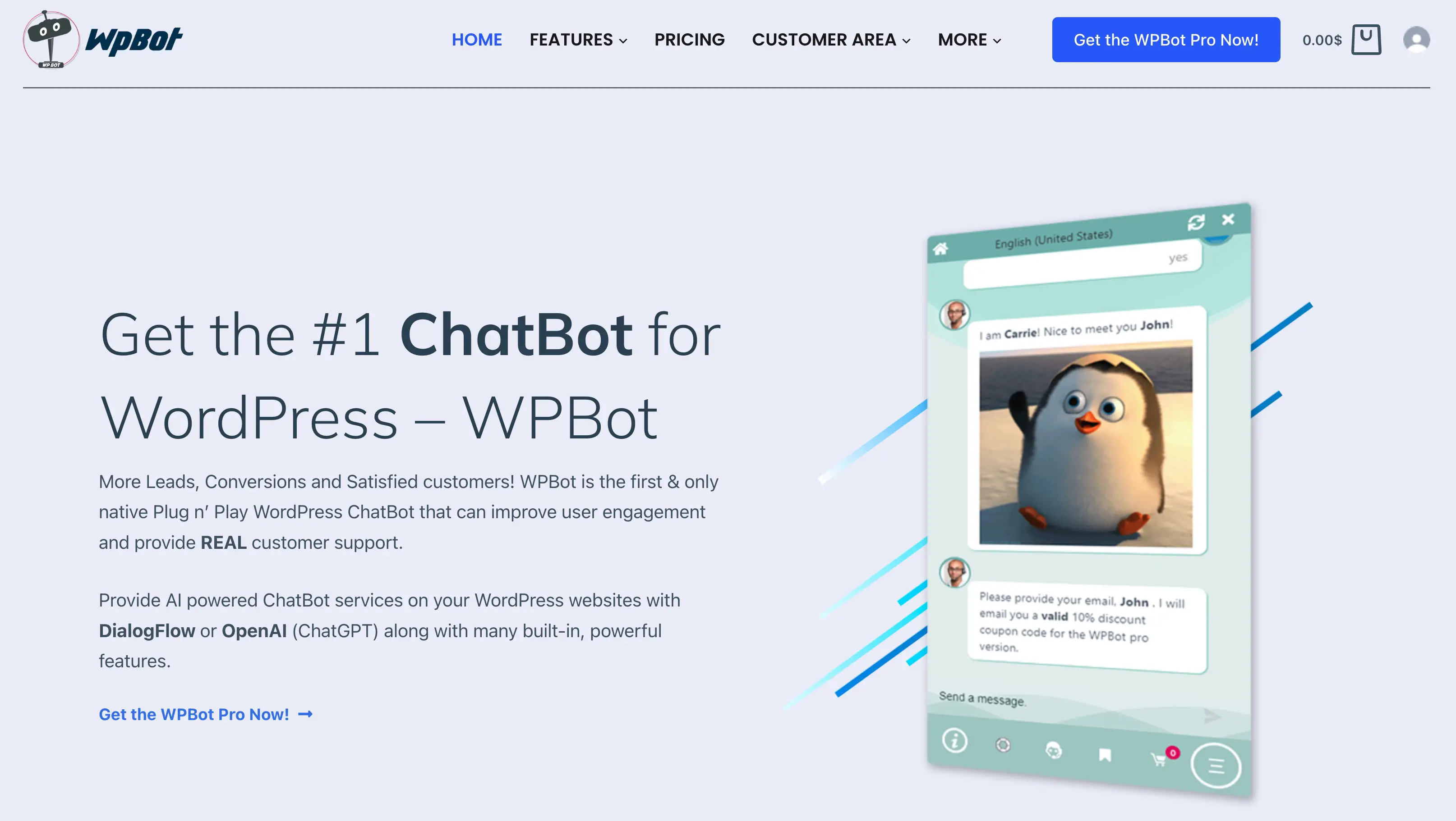 WPBot es un complemento de chatbot que ofrece integración con OpenAI y DialogFlow de Google.