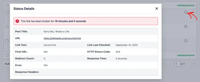 View status details on broken links