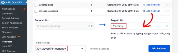 Redirecting a 404 Error Using AIOSEO