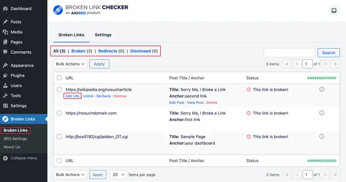 Find broken links and edit URLs with Broken Link Checker by AIOSEO