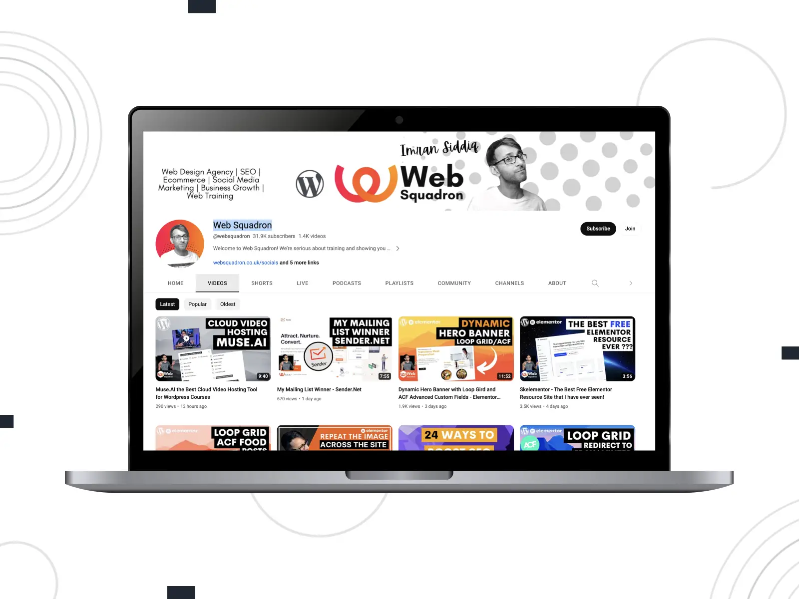 Impression de Web Squadron, une chaîne riche en contenu avec des tonnes de vidéos éducatives pour les débutants et les professionnels de WordPress, ainsi que des didacticiels de référencement et de création de sites Web.