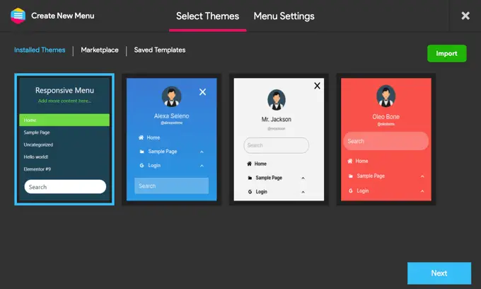 Choosing a template for your navigation menu