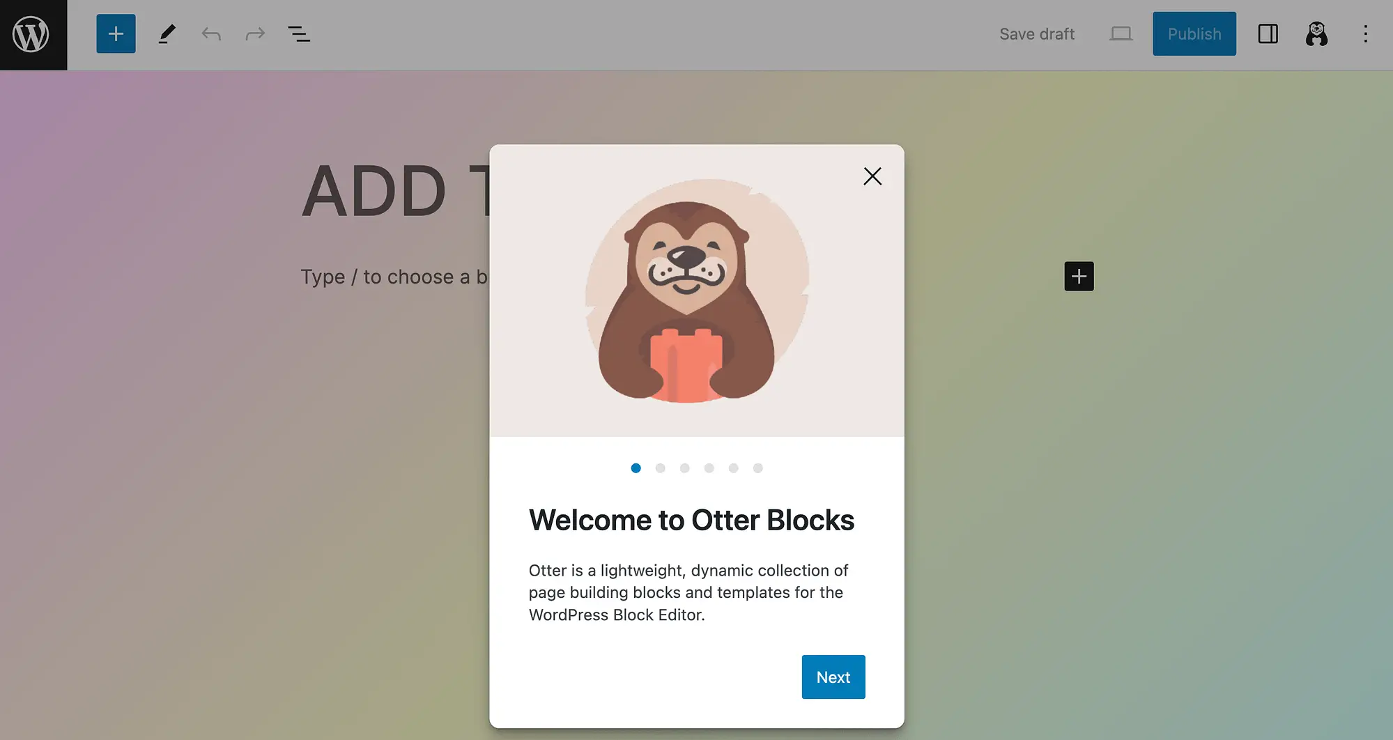 Wiadomość powitalna Otter Blocks w edytorze bloków WordPress.