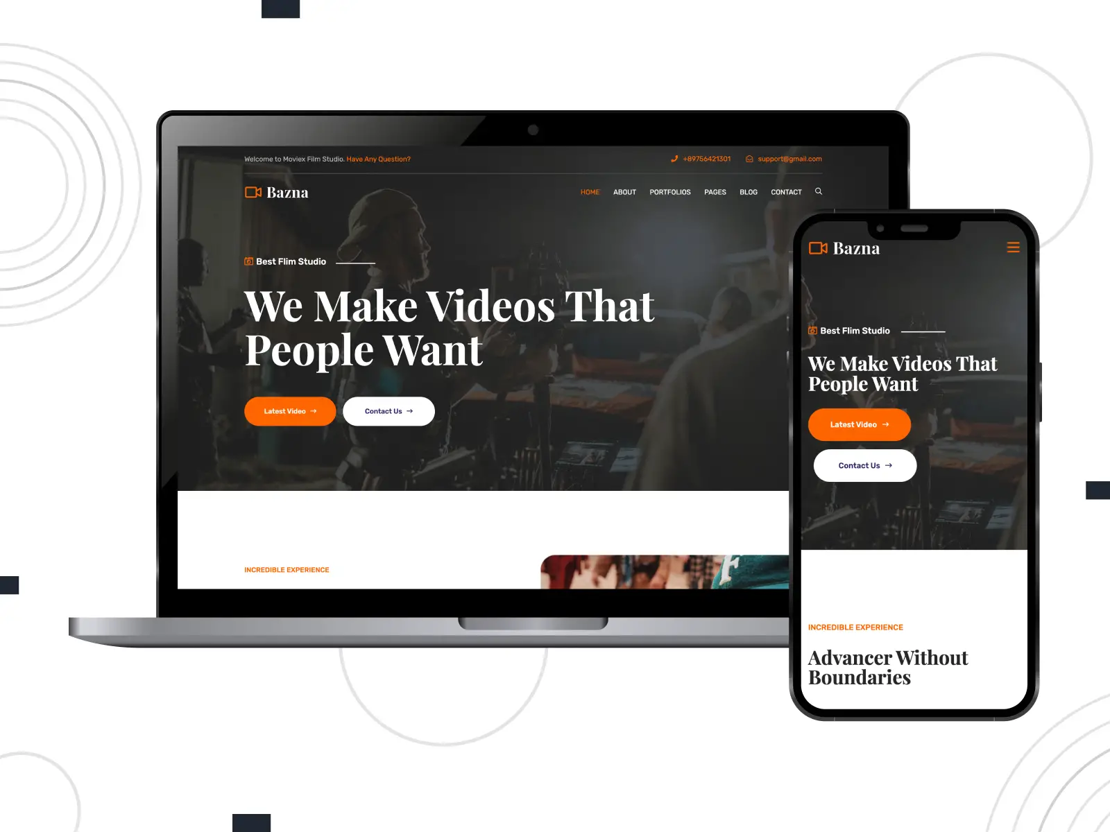 Schnappschuss von Bazna, einem interaktiven und responsiven Theme für Videofilmer mit Galerie- und Testimonials-Homepage-Abschnitten in den Farben Orange, Weiß und Gainsboro.